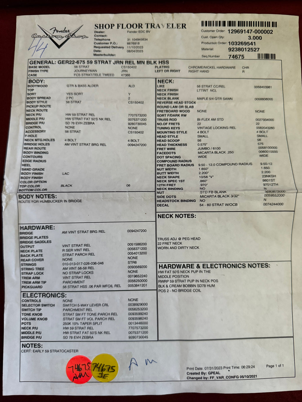 2023 Fender '59 Stratocaster Journeyman Relic HSS BLK MN