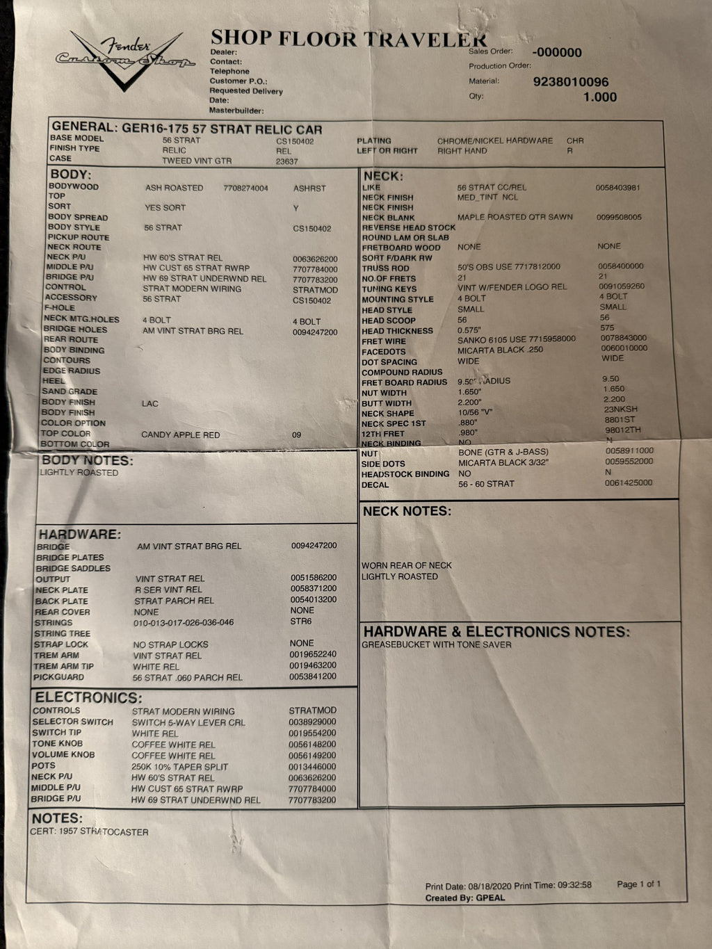 2016 Fender '57 Stratocaster Relic Candy Apple Red *Roasted Ash* 3,08kg