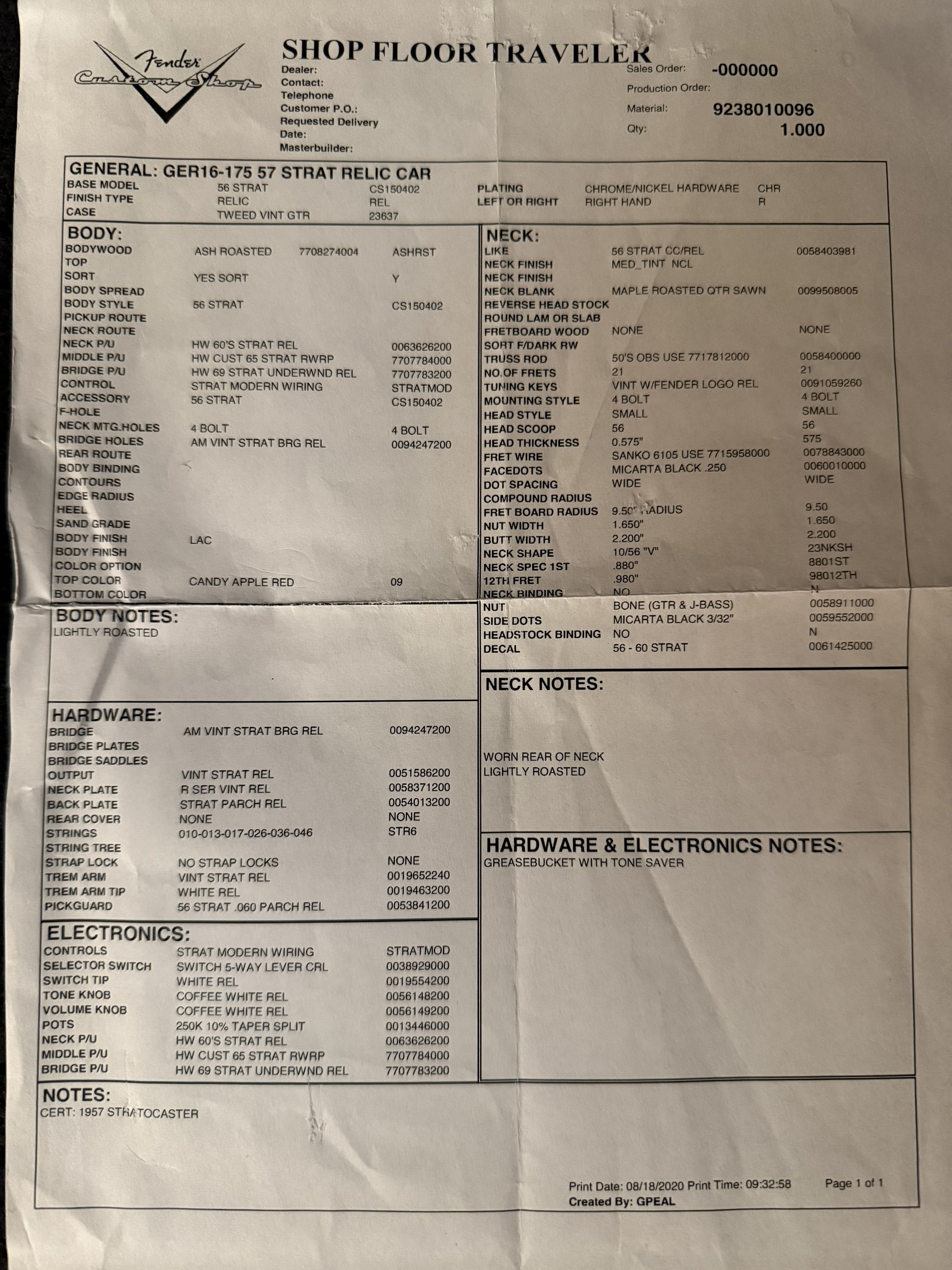 2016 Fender '57 Stratocaster Relic Candy Apple Red *Roasted Ash* 3,08kg