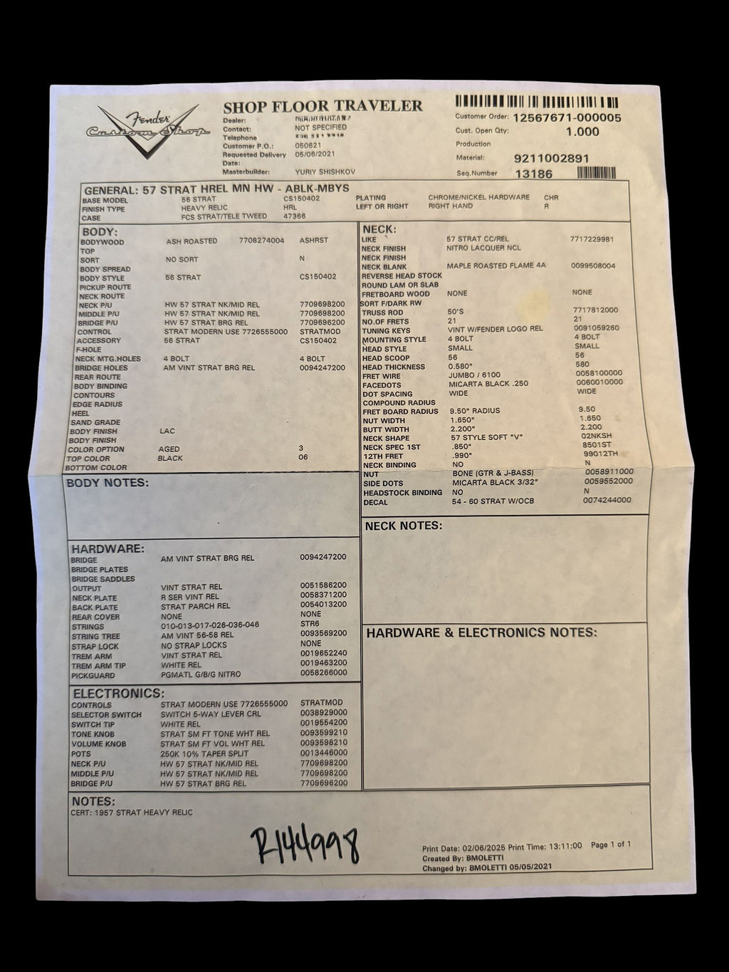 Fender '57 Stratocaster Heavy Relic aged Black - Masterbuilt Yuriy Shishkov - 3,15kg