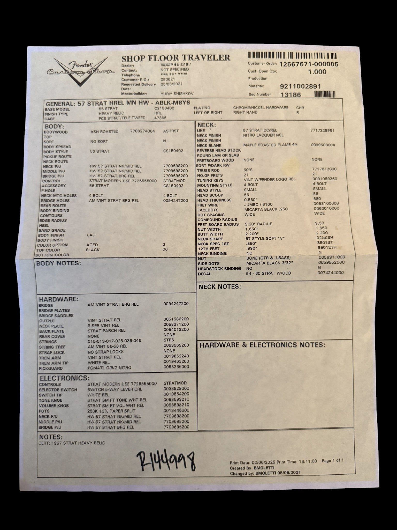 Fender '57 Stratocaster Heavy Relic aged Black - Masterbuilt Yuriy Shishkov - 3,15kg