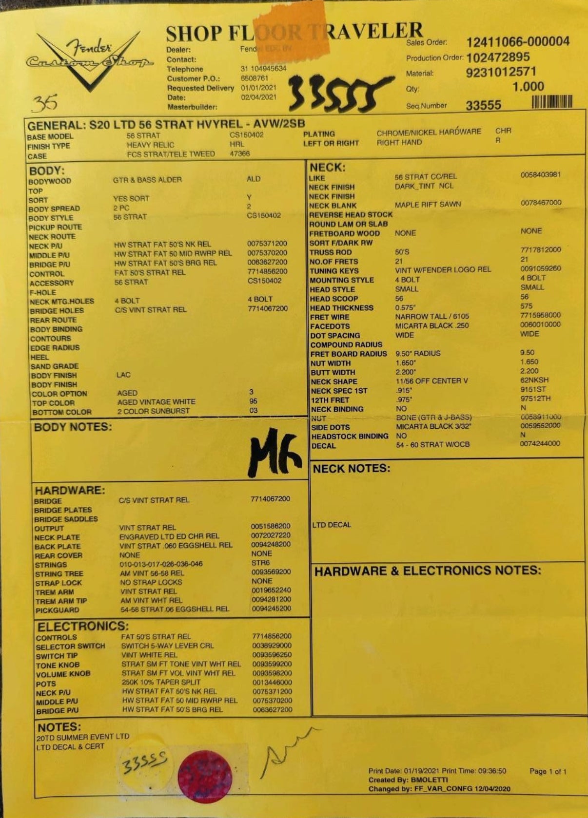 2021 Fender '56 Stratocaster Heavy Relic Ltd. Aged vintage white over Sunburst