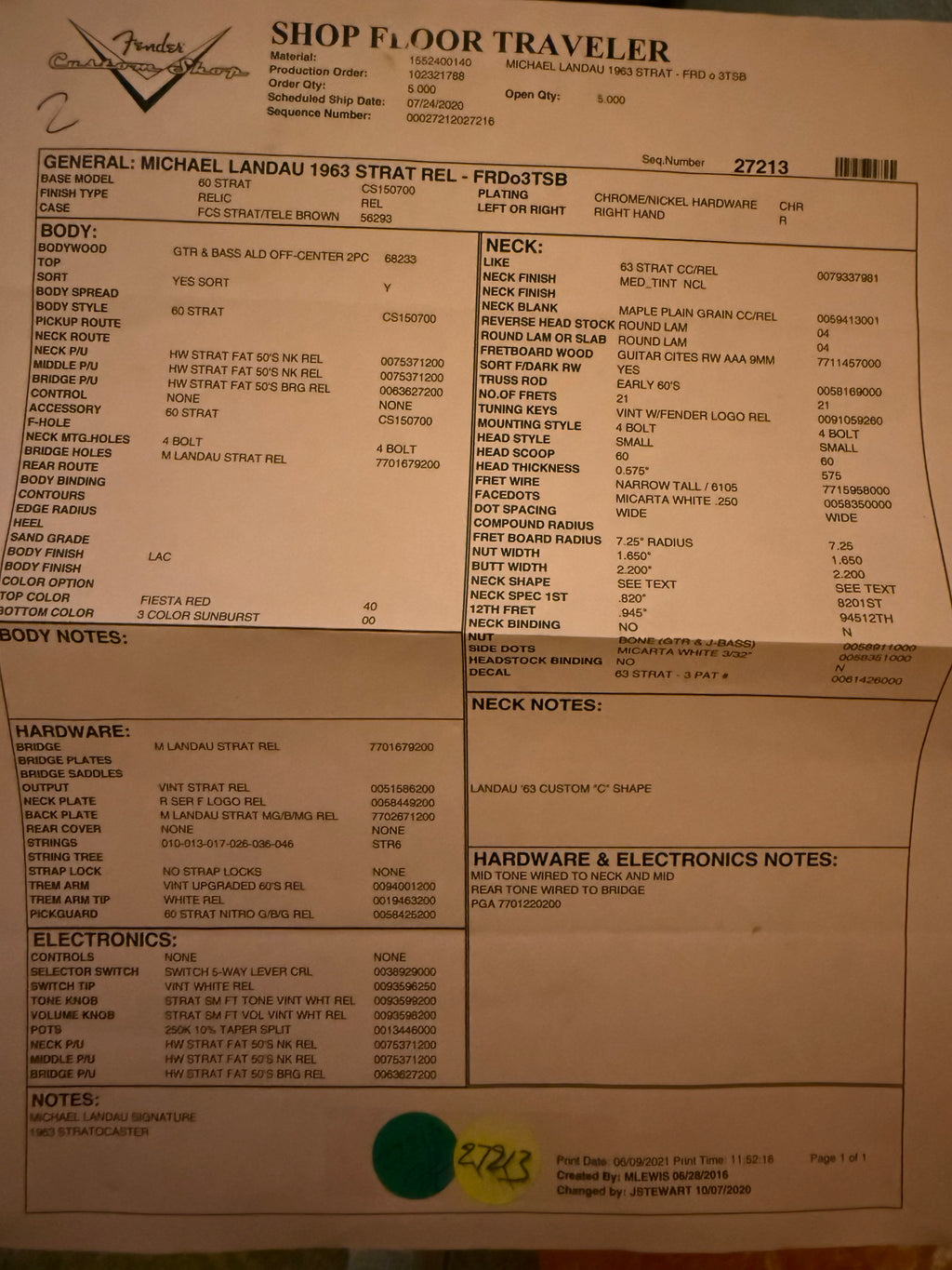 2021 Fender '63 Stratocaster Relic Michael Landau FRD over 3TSB
