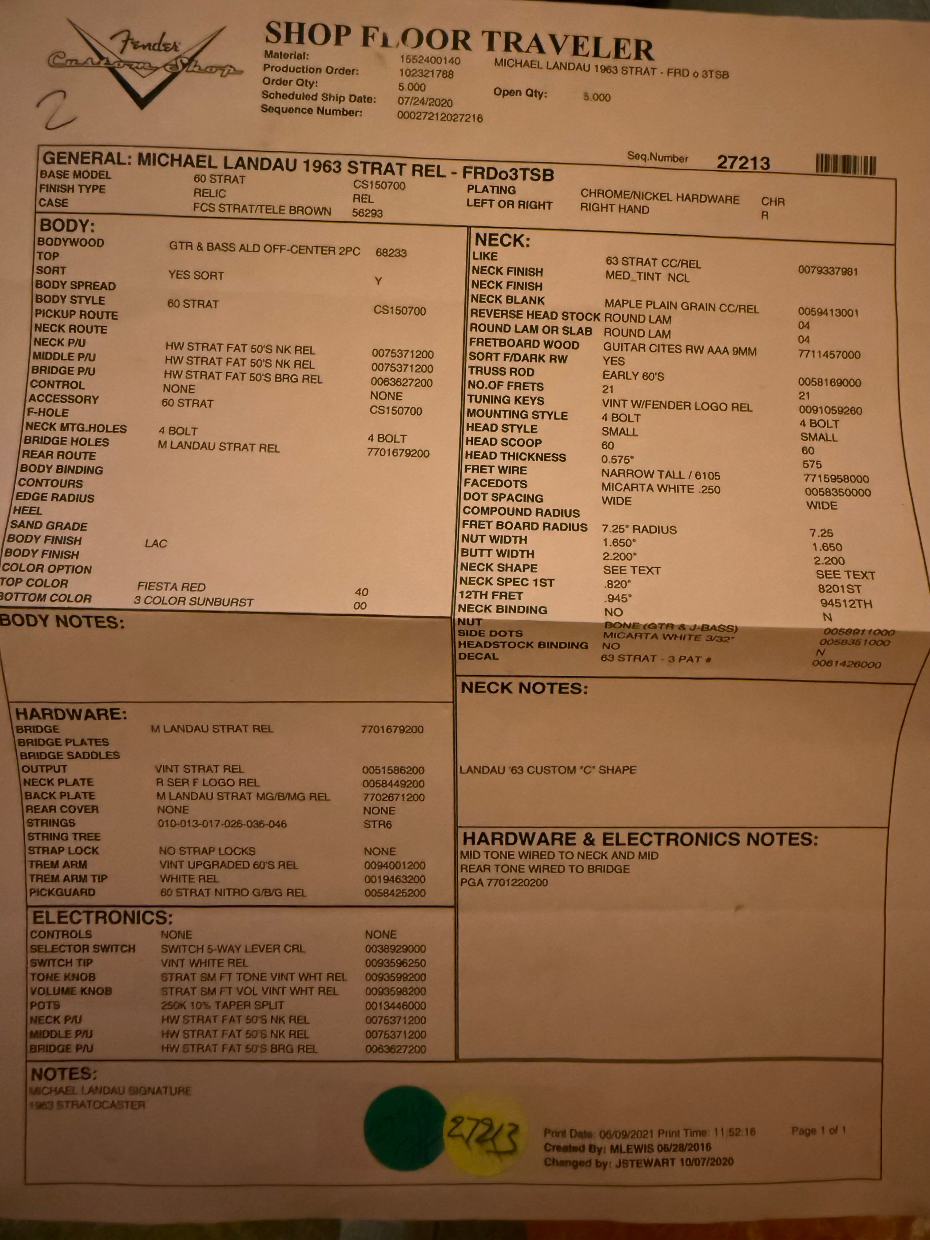 2021 Fender '63 Stratocaster Relic Michael Landau FRD over 3TSB