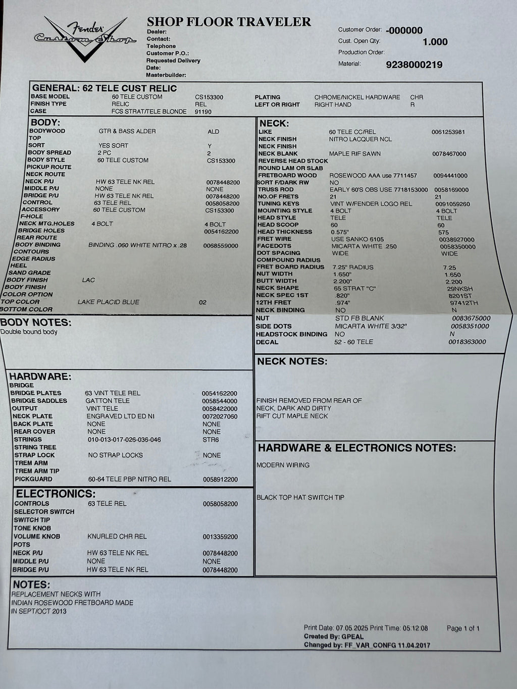 2010 Fender '62 Telecaster Custom Relic Lake Placid Blue Limited