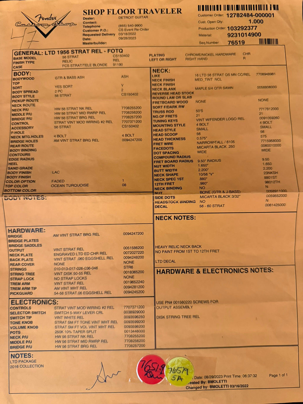 2023 Fender `56 Limited Stratocaster Relic Faded Ocean Tourquoise