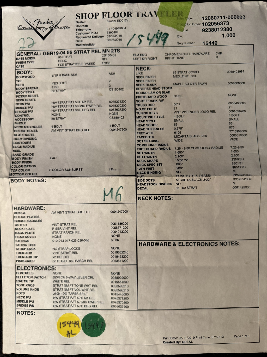 2019 Fender `56 Stratocaster Relic 2Tone Sunburst Ash Body