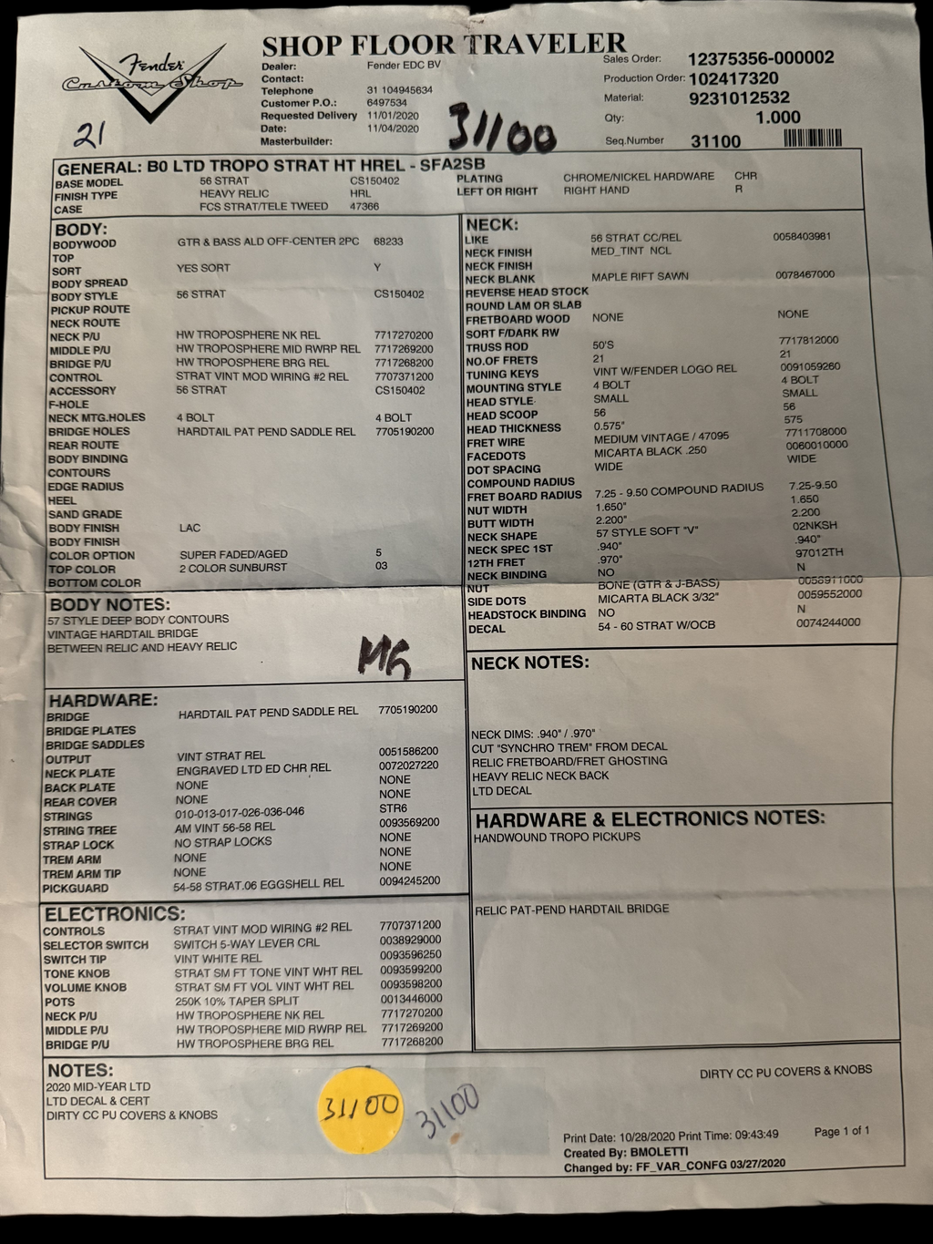 2020 Fender '56 Limited Stratocaster Troposphere HT super faded 2-Tone Sunburst 3,15kg