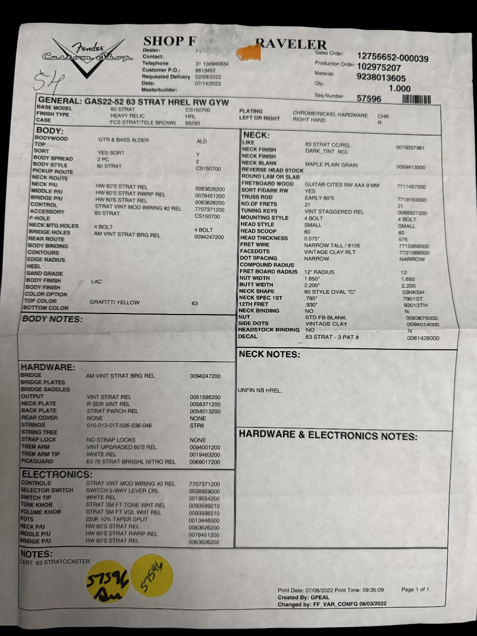 2022 Fender Custom Shop '63 Stratocaster Heavy Relic Graffiti Yellow 3,3kg