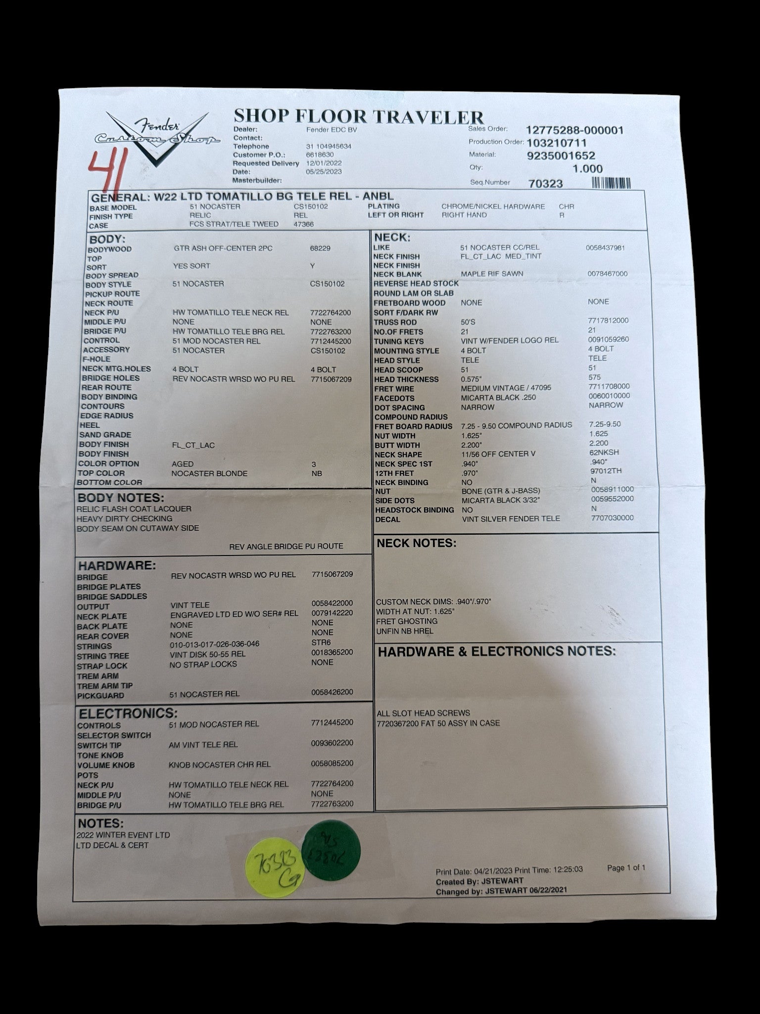 2023 Fender Custom Shop Telecaster Relic Tomatillo Blackguard - Aged Nocaster Blonde - 3,3kg