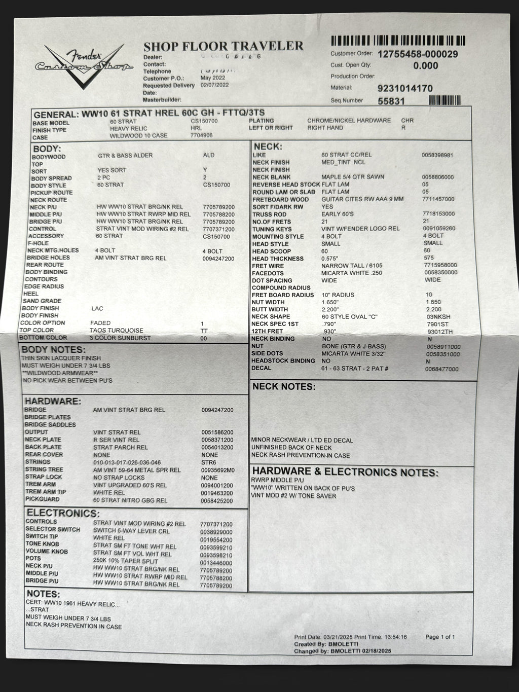 NEUWARE Fender Custom Shop '61 Stratocaster Heavy Relic Wildwood Faded Taos Tourqoise over Sunburst 3,3kg