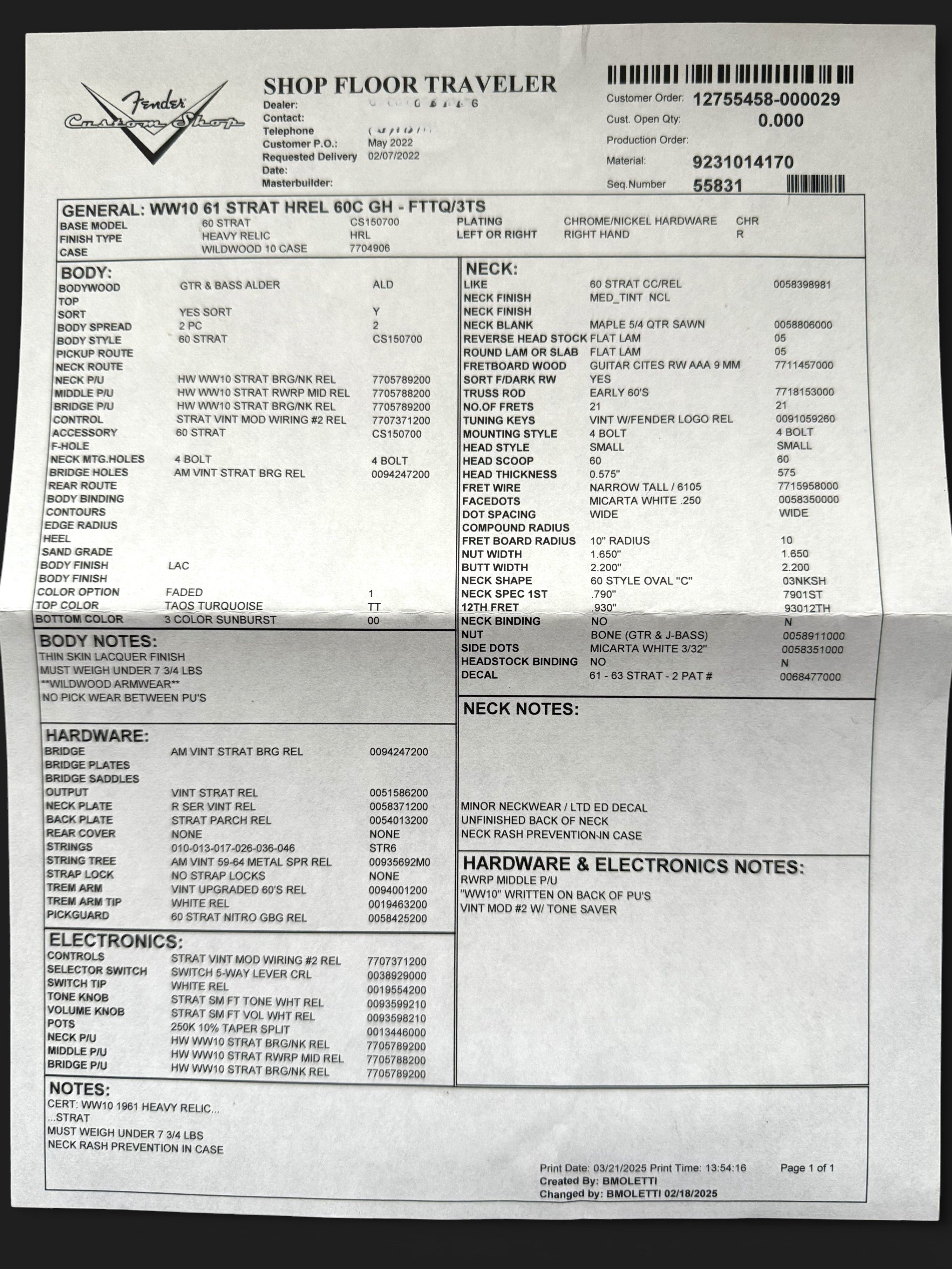 NEUWARE Fender Custom Shop '61 Stratocaster Heavy Relic Wildwood Faded Taos Tourqoise over Sunburst 3,3kg