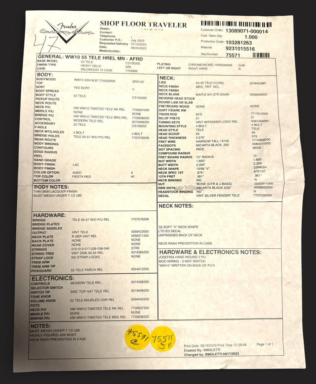 NEUWARE Fender Custom Shop '55 Telecaster Heavy Relic Wildwood 10 lightweight Ash Josefina Pickups Aged Fiesta Red 3,06kg