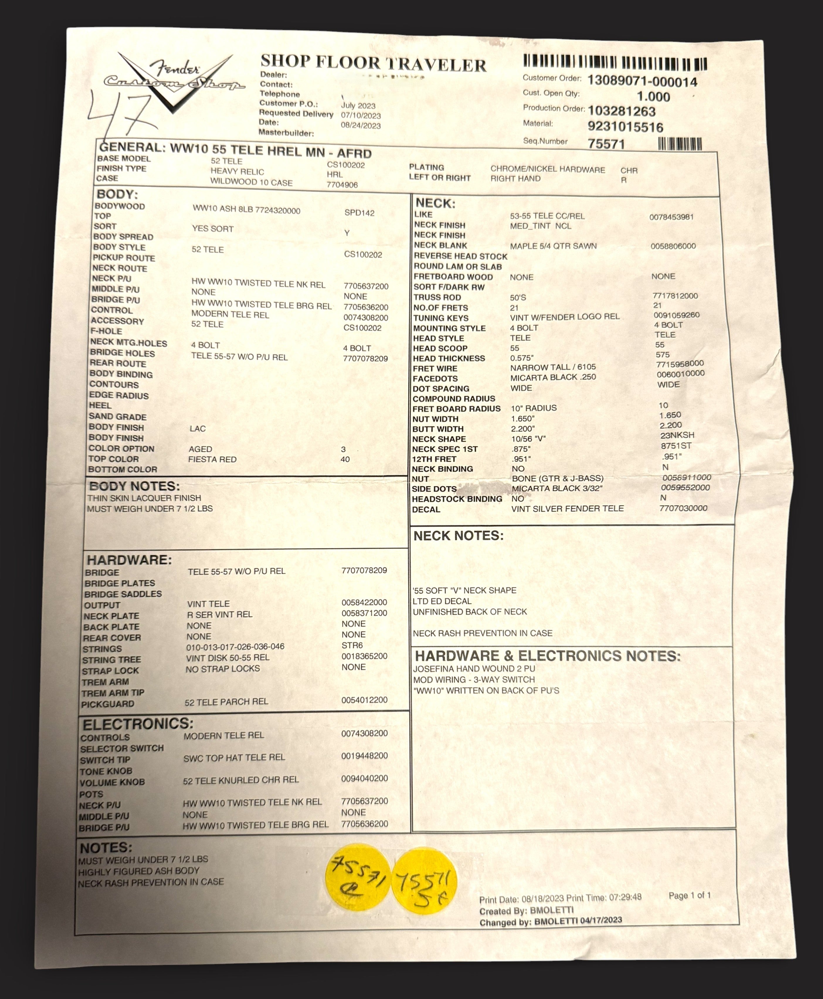 NEUWARE Fender Custom Shop '55 Telecaster Heavy Relic Wildwood 10 lightweight Ash Josefina Pickups Aged Fiesta Red 3,06kg