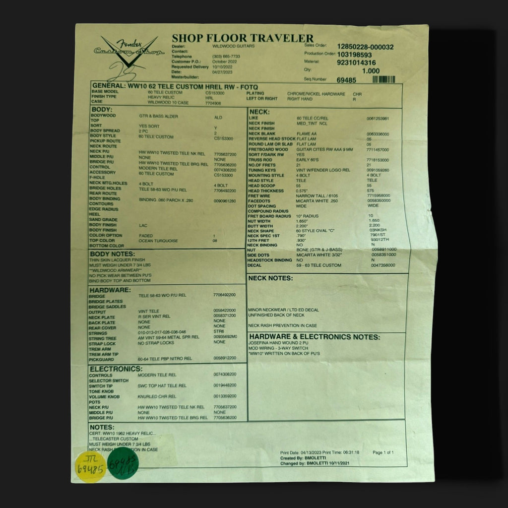 Fender Custom Shop '62 Custom Telecaster Heavy Relic Wildwood Josefina HW faded Ocean Tourqoise Flame AA 3,17kg